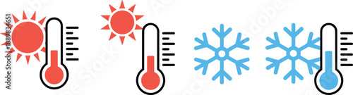 Hot and cold temperature icons set showing heat and freezing weather symbols with thermometers for climate, forecast, season, and temperature control design
