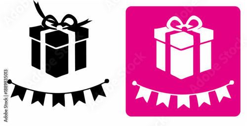 Festive birthday present box and pennant banner icons. High-quality vector graphics for greeting cards, invitations, and holiday promotions. Clean silhouette style in black and vibrant pink