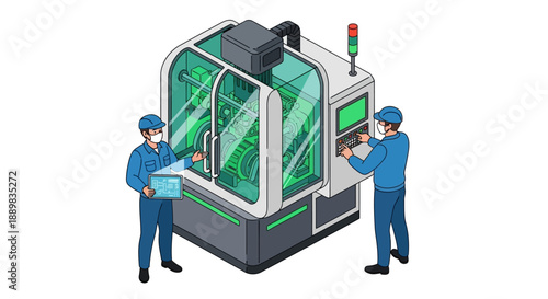 Isometric illustration of two technicians operating and inspecting a large industrial machine with green screens and control panels.