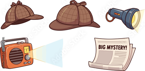 Detective mystery investigation icons with hats flashlight radio and newspaper isolated on white background cartoon illustration set