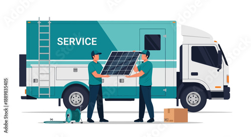 Two technicians installing solar panel on a service truck with tools and equipment