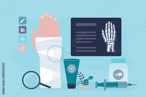 Trauma, broken arm, traumatologist appointment. Human hand in plaster. Researching skeleton and bones, x-ray. Medical items for diagnosis and treatment