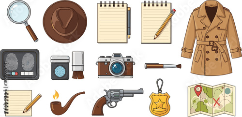 Detective investigation equipment set with magnifying glass camera trench coat gun map notes pipe and evidence isolated illustration
