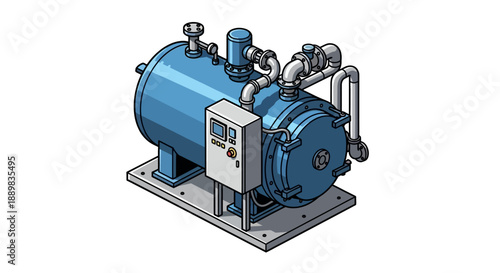 Isometric view of a blue industrial pump with control panel and pipes on a metal base against a white background.