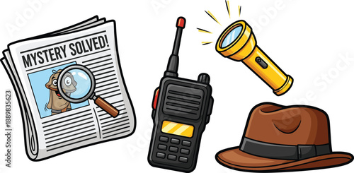 Detective mystery investigation icons with newspaper radio flashlight hat and magnifying glass isolated on white background cartoon illustration