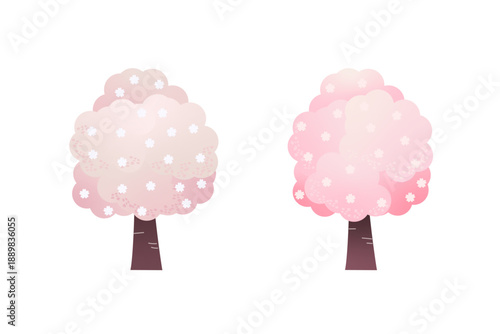 ペールピンクとサクラピンクのグラデーションで描いた丸い樹形の桜の木2種セット、点描テクスチャ入りの春の季節表現に使えるミニマルベクターイラスト素材