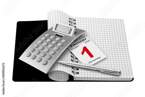 Notice book with calculator and German calendar January 1  2026 Thursday New Year isolated on white background