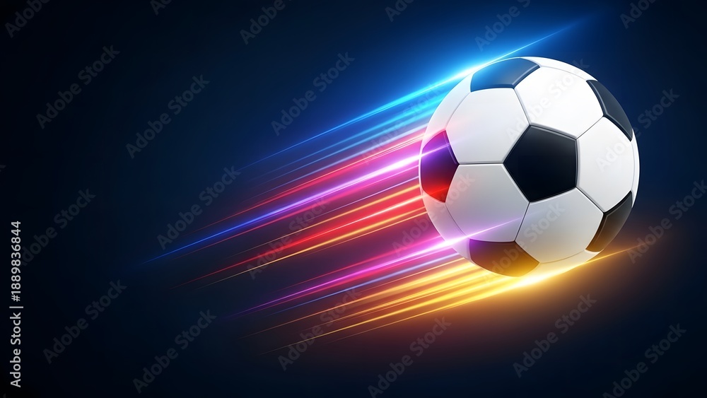 Naklejka premium Speeding soccer ball with colorful light trails on dark background energetic motion blur abstract background dynamic movement fast speed abstract background.