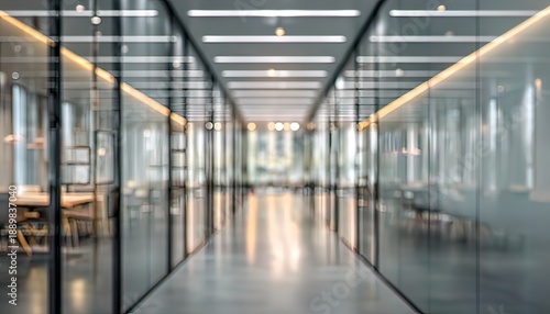 Blurred office hallway with glass walls and neutral colors creates a sense of space. Professional photos for backgrounds for text, banners, posters, and web displays. High quality. High quality