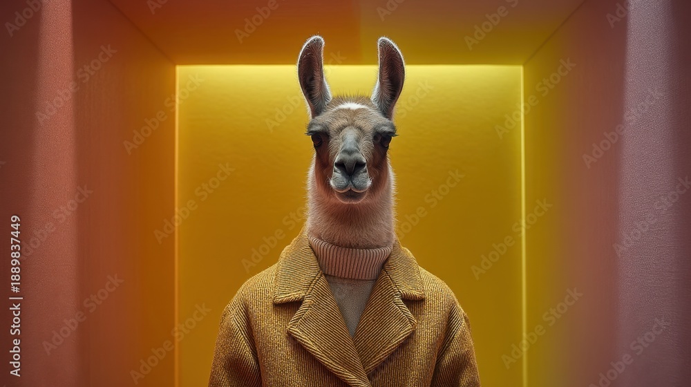 Fototapeta premium Llama Wears a Tiny Blazer and Stands in Front of a Colorful Background in a Simple Setting
