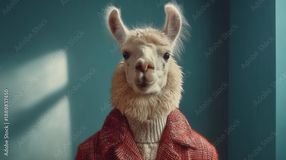 Fototapeta premium Llama Wearing a Tiny Blazer Stands in Front of a Blank Wall With No Visible Decor or Details