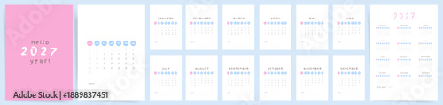 2027 Calendar template design. Week starts on Sunday. Soft pastel wall and desk calendar in minimal lifestyle style. Personal planner. English vector calendar layout.