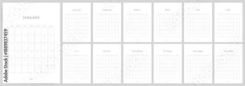 Minimal 2027 calendar template. Week starts on Sunday. Editorial style wall calendar with clean grid layout. Modern business planner. English vector monthly calendar.
