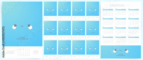 2027 Calendar template design with cute character. Week starts on Sunday. Blue gradient desk and wall calendar in clean modern style. English vector planner.
