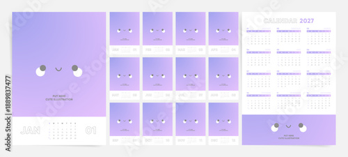 Creative 2027 calendar template. Week starts on Sunday. Cute character wall calendar with soft gradient backgrounds. Minimal lifestyle planner. English vector layout.
