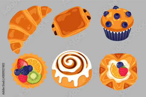 Set of Assorted French Pastries and Bakery Products Vector Illustration