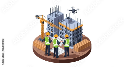 Isometric illustration of three construction workers discussing plans on a building site with a crane and drone.