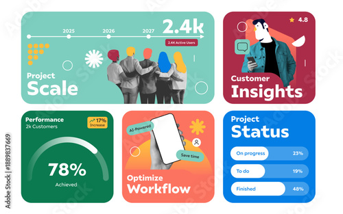 Modern infographic layout template for startups and businesses. Modular business infographic cards, mix and match layouts. Perfect for pitch decks, reports, social media posts.