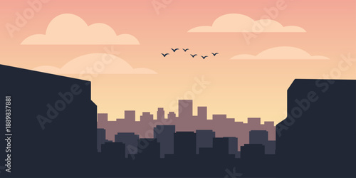 City corridor silhouette illustration. Tall buildings framing a central opening toward a distant skyline. Foreground dark forms and lighter background city. Wide pastel sky above.