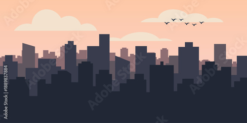 City skyline silhouette illustration. Dense rectangular building cluster with varied roof heights. Wide pastel sky with subtle clouds. Graphic urban mass scene.