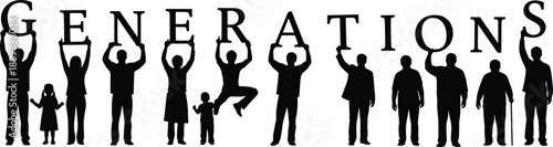 Set of Multi-Generational People Silhouettes Holding "Generations" Typography Vector for Family History, Aging, Genealogy, Community, and Time Concepts