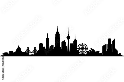 City skyline silhouette with iconic landmarks and ferris wheel.