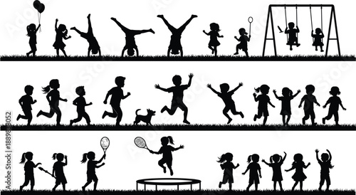 Set of Children Playing Black Silhouette Vectors on Grass and Playground Equipment for Childhood, Fun, Recreation, Physical Activity, and Education Concepts