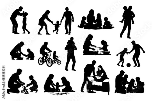 Silhouettes of families engaging in various activities: bonding and playtime.