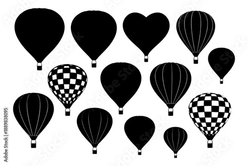 Silhouette hot air balloons collection: circles, hearts, and patterns.