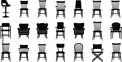 Set of Vintage and Modern Chair Silhouettes Black Vector Collection for Furniture Design, Interior Decoration, Home Staging, and Hospitality Graphics