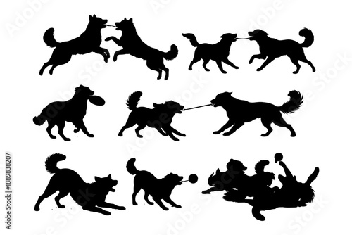 Silhouettes of playful dogs engaged in various activities.