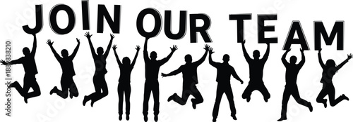 Excited Group of Jumping People Holding "Join Our Team" Typography Black Silhouette Vector for Recruitment, Hiring, Job Ads, and Human Resource Concepts