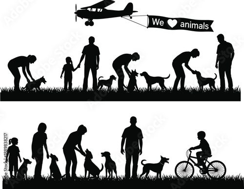 People and Dog Silhouettes with Grass and Airplane Banner Vector for Animal Love, Pet Care, Dog Walking, and Veterinary Clinic Concepts
