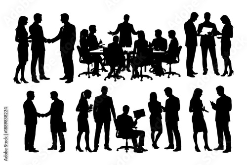 Silhouettes of diverse professionals engaged in office meetings and discussions.