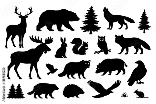 Silhouettes of forest animals: deer, bear, wolf, and more wildlife.