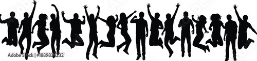Excited Group of Happy People Jumping Black Silhouette Vector for Celebration, Success, Freedom, Fun, Teamwork, and Friendship Concepts