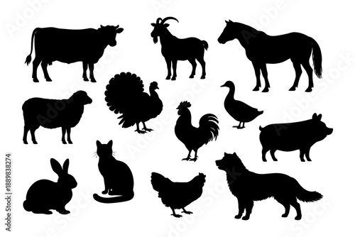 Silhouettes of farm animals: cow, goat, horse, sheep, turkey, rooster, duck, pig, rabbit, cat, chicken, dog.