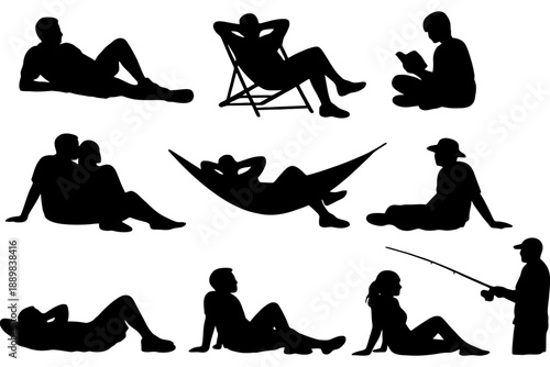 Silhouette group of people relaxing and engaging in outdoor activities.