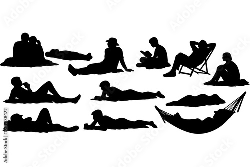Silhouettes of people relaxing outdoors, reading, lounging, and enjoying nature.