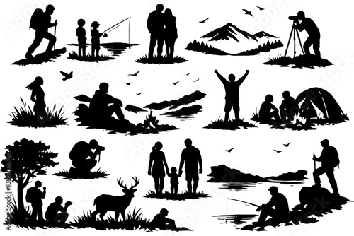 Outdoor adventure silhouettes: hiking, fishing, camping with family and wildlife.