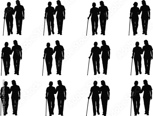 Elderly couple walking silhouette vector set showing senior people together with canes, symbolizing old age, companionship, retirement, and healthy senior lifestyle.