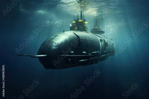 Wallpaper Mural Steampunk inspired submarine navigating mysterious dark waters with light rays from above Torontodigital.ca