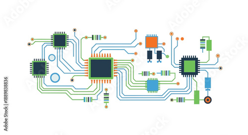 Modern circuit board with microchips and electronic components