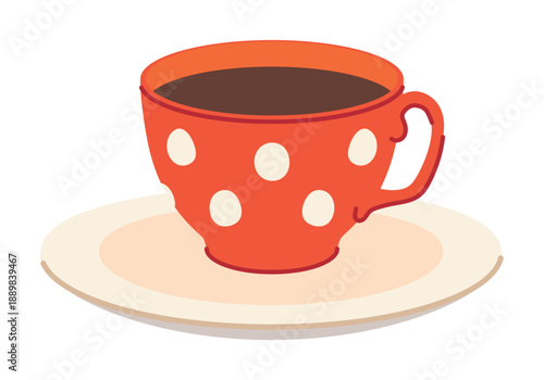 Red porcelain cup with a white circular pattern and saucer. Vector tea mug. Vintage coffee set. Flat style.