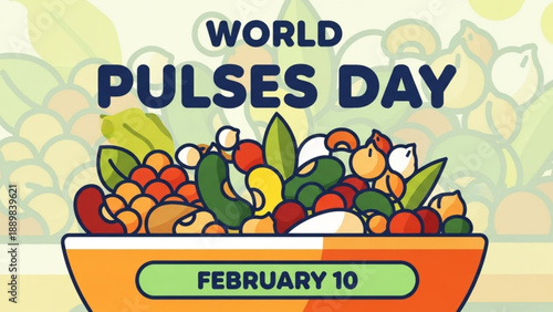 World pulses day illustration with colorful vegetable bowl and february 10 date