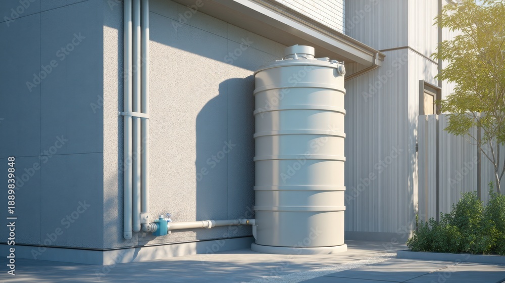 Fototapeta premium Modern Rainwater Collection Tank Placed Near the Side of a House With Grey Wall and Piping During Daylight Hours