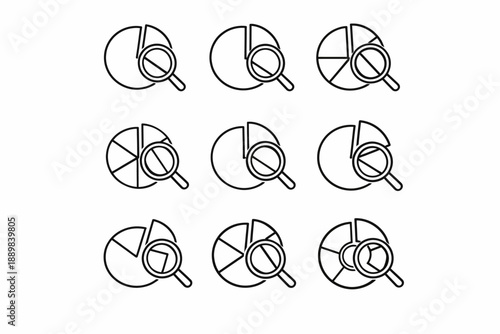 Magnifying glass on pie chart line icons set