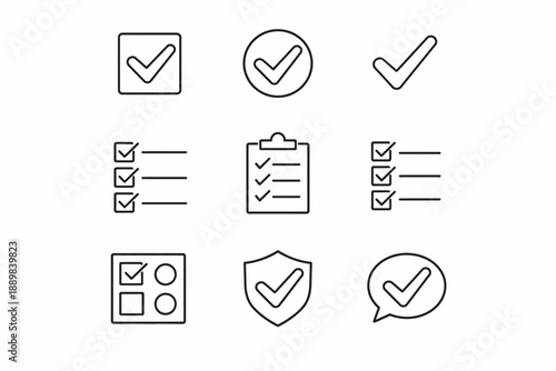 Collection of checklist icons with checkmarks and shields in minimalist style