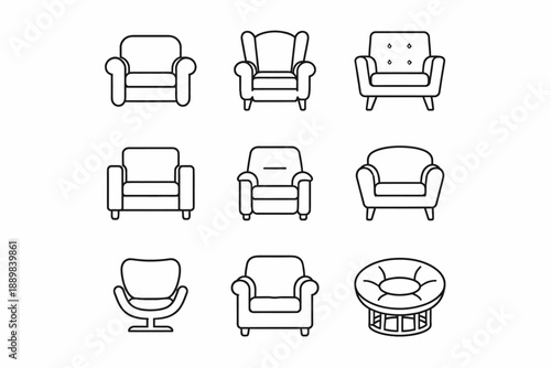 Collection of nine modern armchair and table line art icons