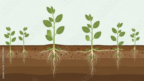 Plant growth stages with roots in soil illustrating development from sprout to mature seedling